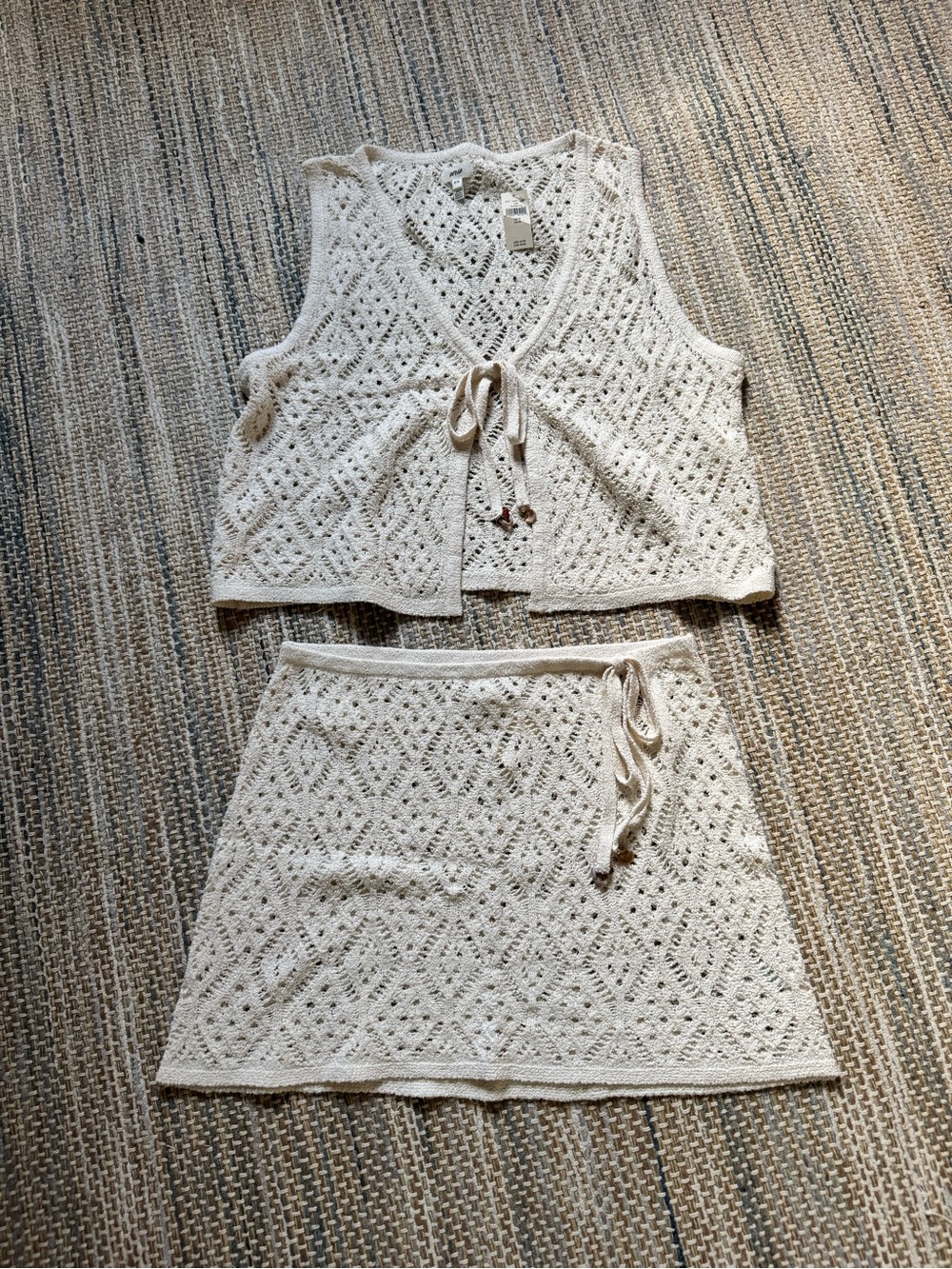 aerie Crochet Two-Piece Mini Skirt Set in Ivory Cream
